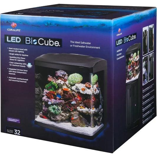 32 Gallon All Glass Aquarium Kit with Built In Timer and Adjustable LED Lights for Saltwater or Freshwater