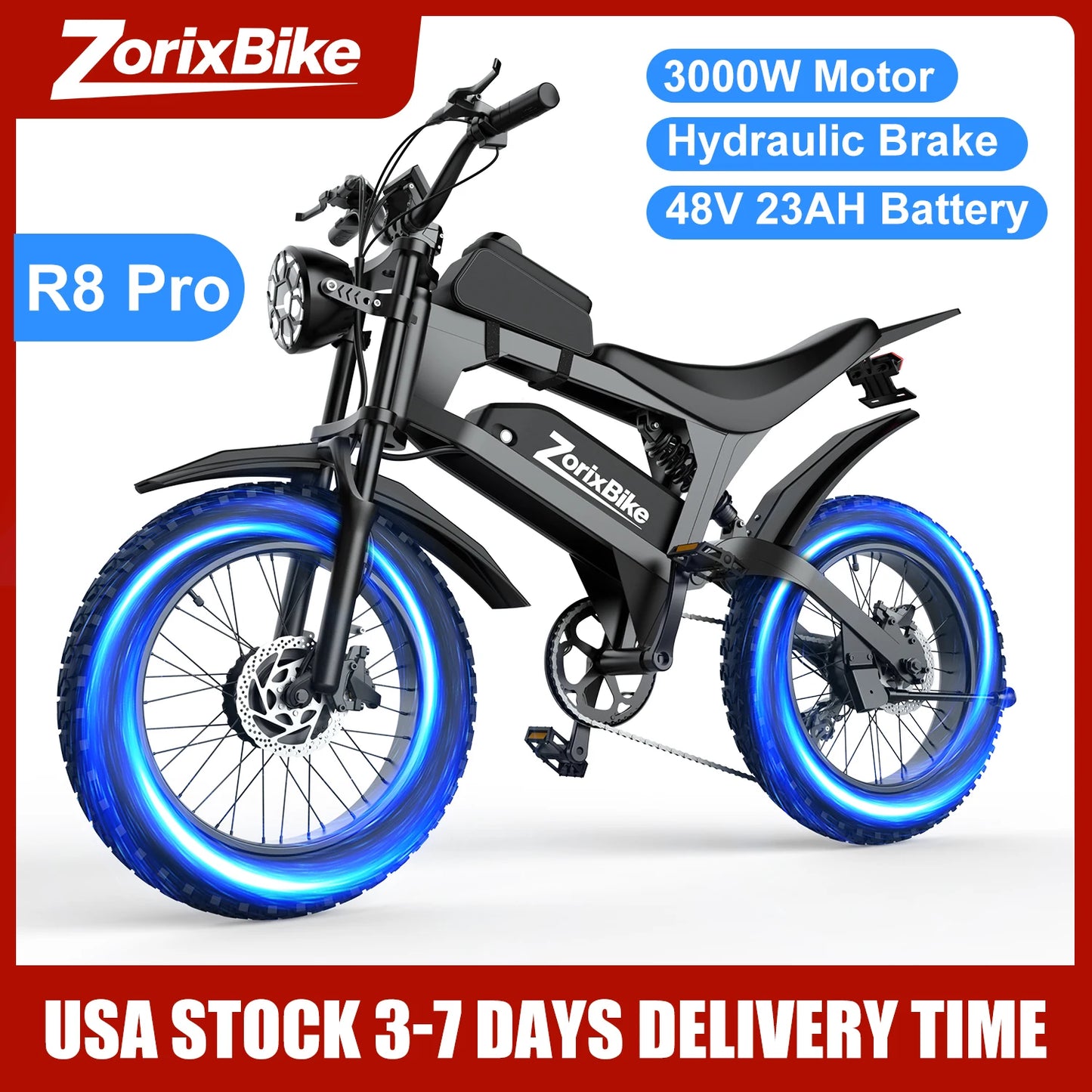 ZorixBike R8 Pro Electric Off-Road Bike 20x4" 3000W 35Mph 80Mile 48V 23Ah,7 Speed Wide Tire All Terrain E-Bike For Adult