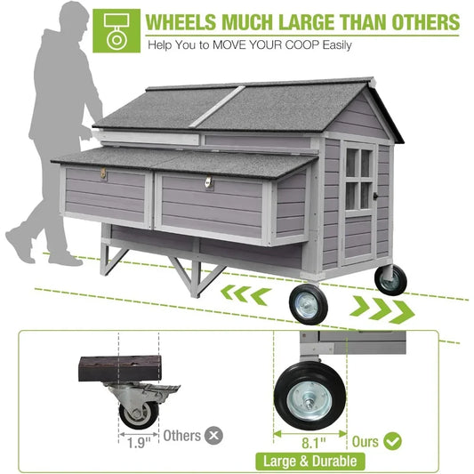 Chicken Coop for 10-12 Chickens with Large Wheels Wooden Large Chicken Coop Spacious Habitat with 4 Perches 4 Nesting
