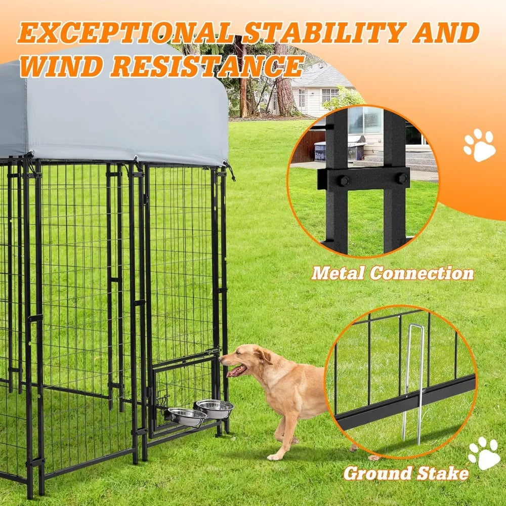 8x4x6 FT Outside Large Dog Kennel with roof - Outdoor Heavy Duty Welded Wire Steel Dog Playpen with Rotating Bowls, Dog Run Encl