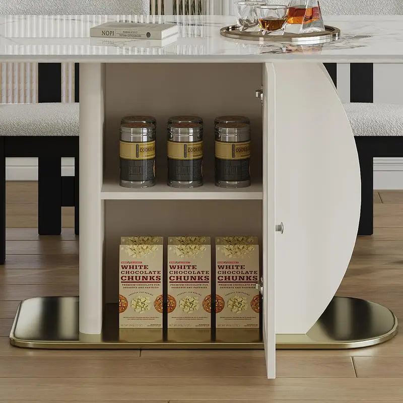 63-Inch Modern 4-6 Person Dining Table Set with Storage, Burnt Stone Top & Gold Wood Base, Includes 6 White Velvet Chairs for