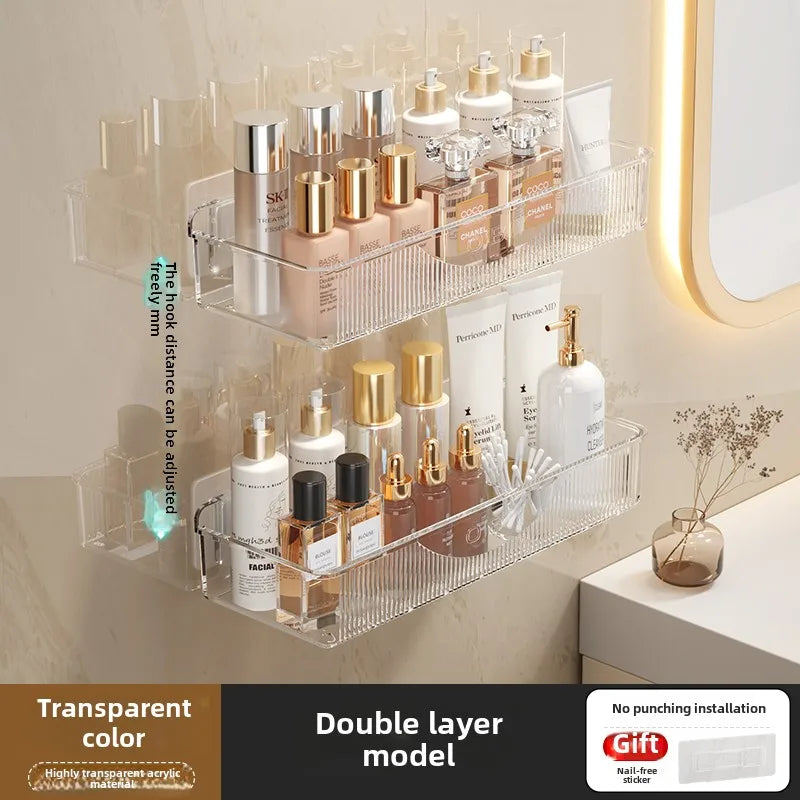 Wall mounted cosmetic and skincare storage rack for bathroom no need for drilling Multi functional kitchebathroom storage rackra