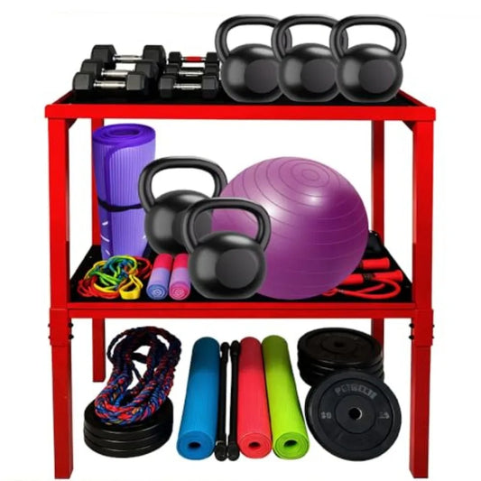 Heavy Duty 2-Tier Fitness Storage Rack 850LB Dumbbell Kettlebell Yoga Organizer with 5MM Shock-Absorbing Mat No Drill Floor Sta