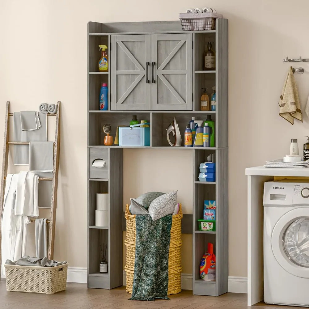 Farmhouse Storage Cabinet Over Toilet with Barn Doors,Over The Toilet Storage Cabinet, Home Space-Saving Toilet Rack