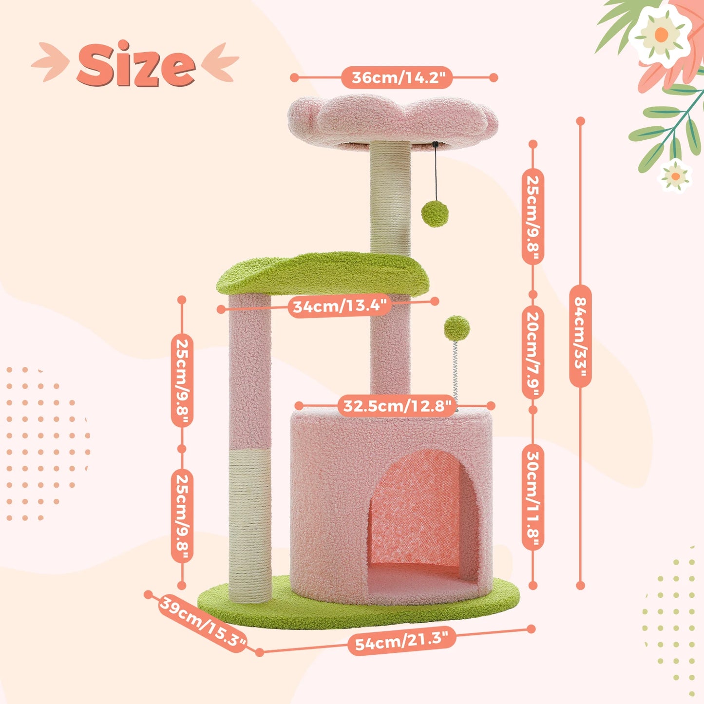 Flower Cat Tree for Indoor Cats, Small Cat Tower with Sisal Scratching Post, Soft Condo, Plush Perches, Fluffy Balls, Cat Toys