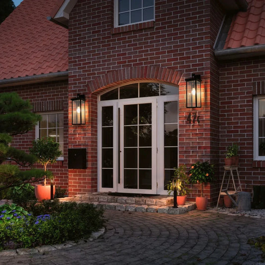 20"(H) Set of 2 Modern Outdoor Wall Sconces Black Frame Clear Glass Weatherproof Porch/Garage E26 No Bulbs