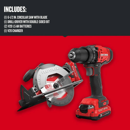 V20 Cordless Power Tool Combo Kit with Drill, Circular Saw, 2 Batteries & Charger