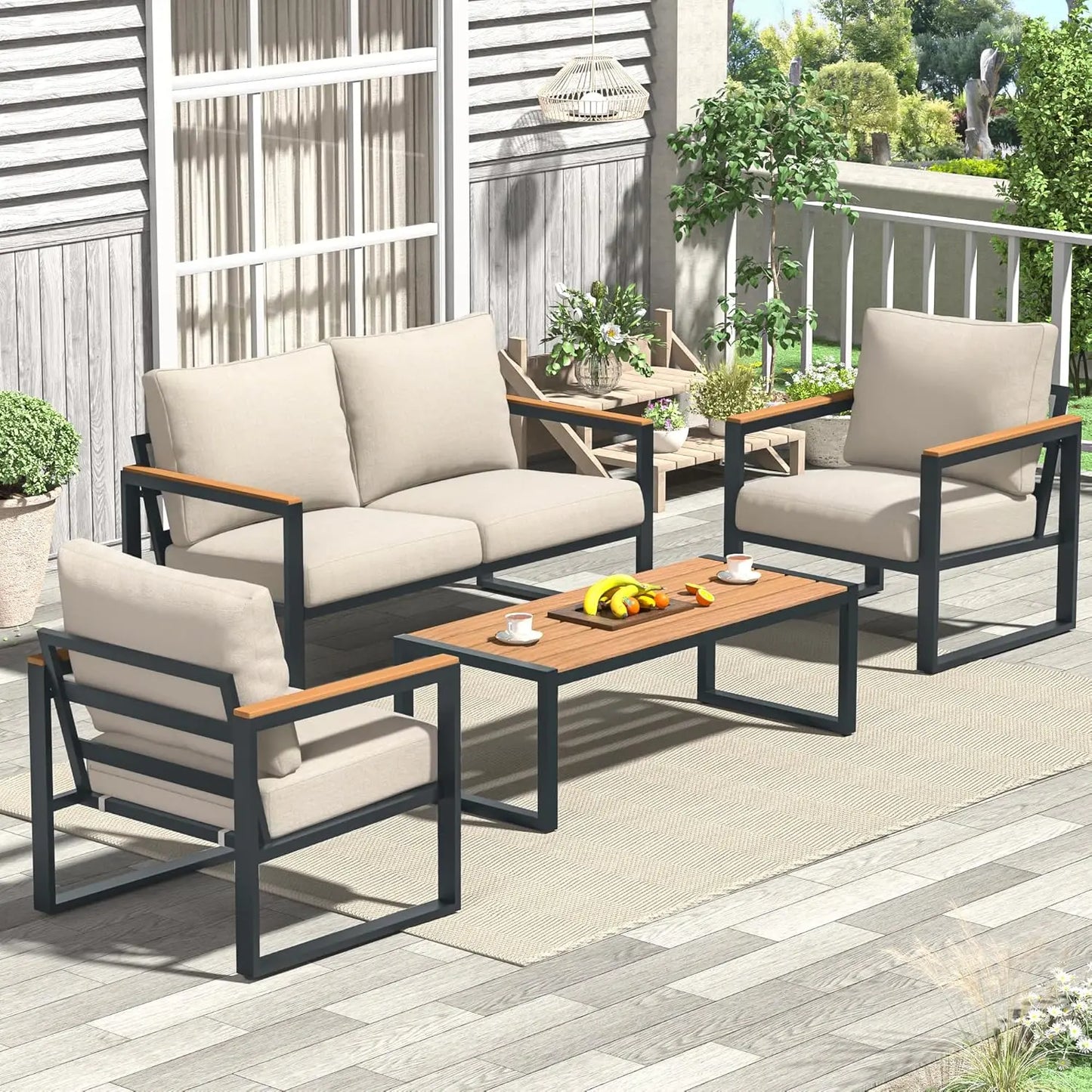Patio Furniture Set, 4 Pieces Outdoor Patio Furniture with Coffee Table Set, Metal Patio Conversation Sets with Washable and Hig