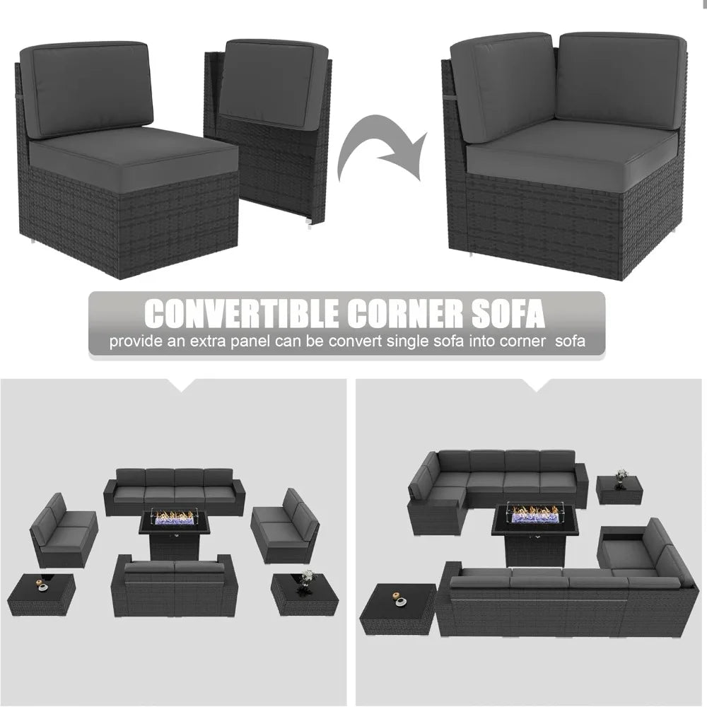 13 Pieces Outdoor Patio Furniture Set with 44" Fire Pit Table Rattan Sectional Sofa Conversation Sets