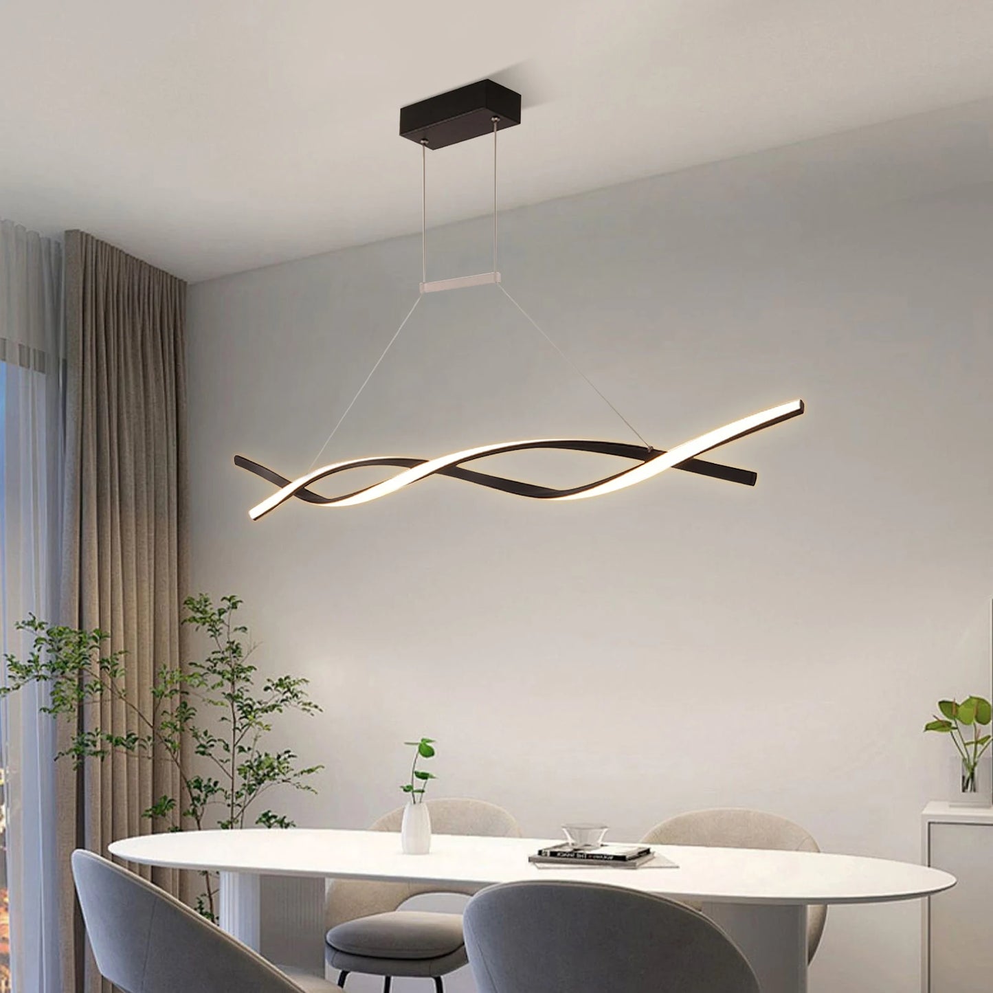 Modern Pendant Light with Remote Control, Black Curved Lines Pendant Light Three Lighting Modes, Pendant Light for Bedrooms