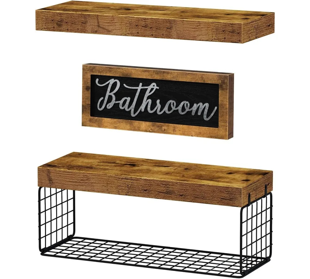 Farmhouse Bathroom Shelves Over Toilet - Floating Shelf Set with Basket & Decor Sign, Rustic Brown