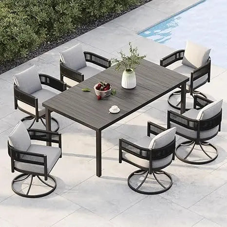 Outdoor Dining Set for 6, 7 PCS Patio Table and Chairs Set, Metal Woven Wicker Fixed Patio Chairs with Thickened Cushions & 1 R