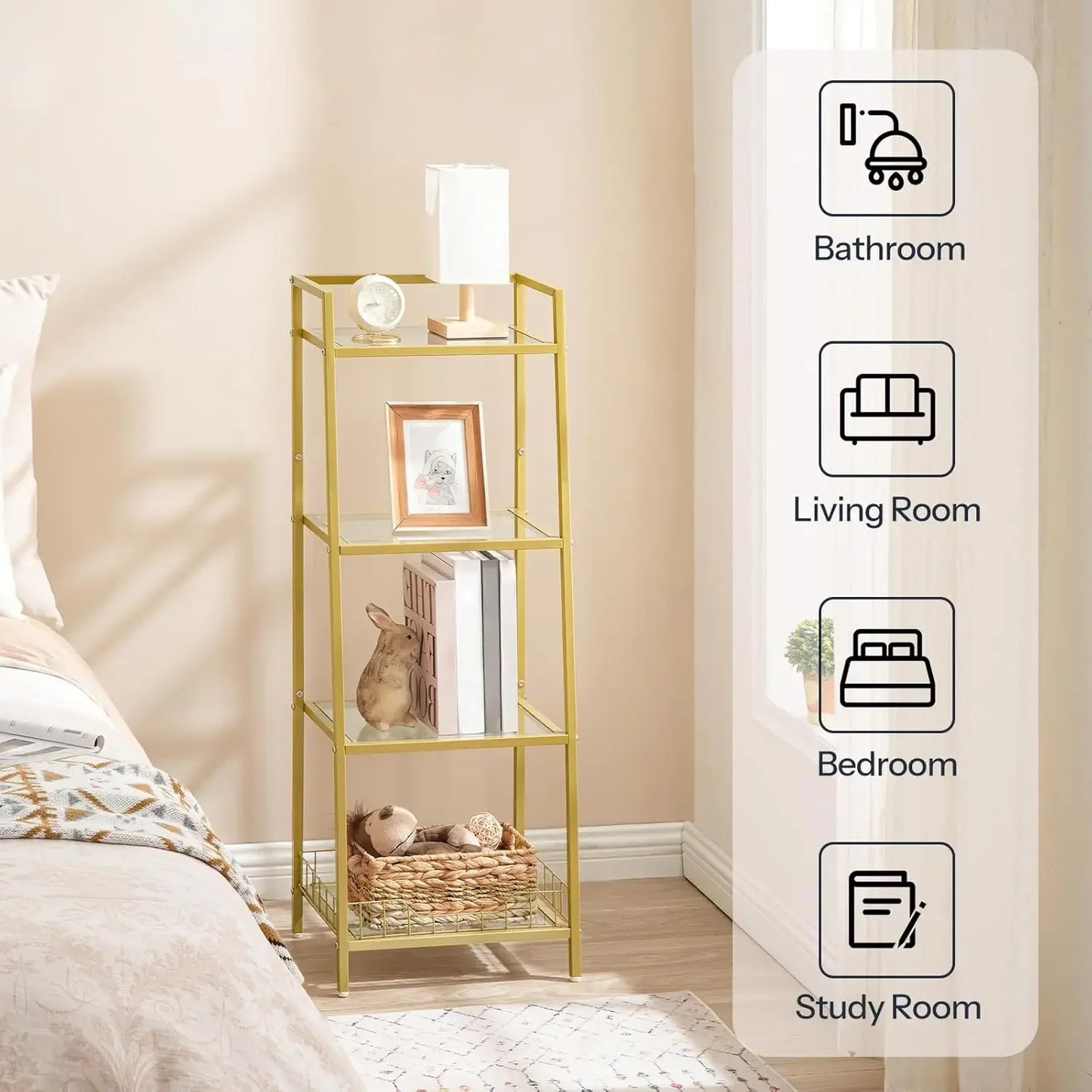 Floor Standing Gold Glass Shelf 4-Tier - Waterproof Rack for Bathroom & Decor Organization