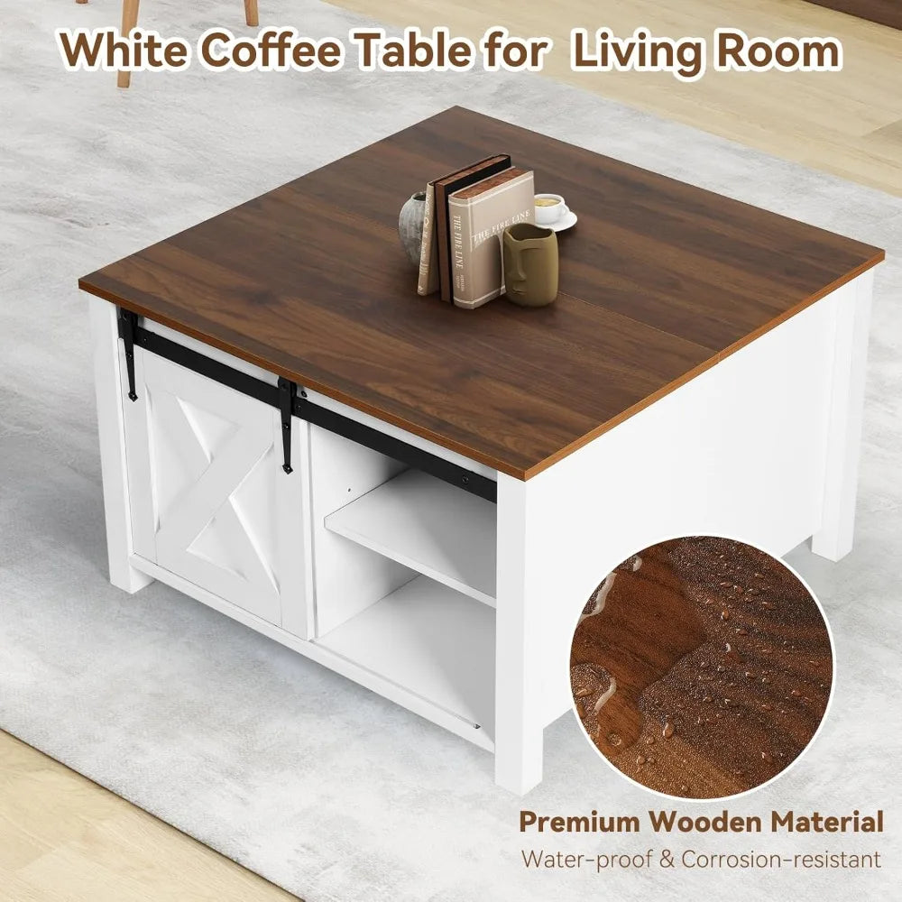 31.5" Square Coffee Table, White Lift Top Coffee Table for Living Room, Morden Farmhouse Coffee Tables with Hidden Storage for S