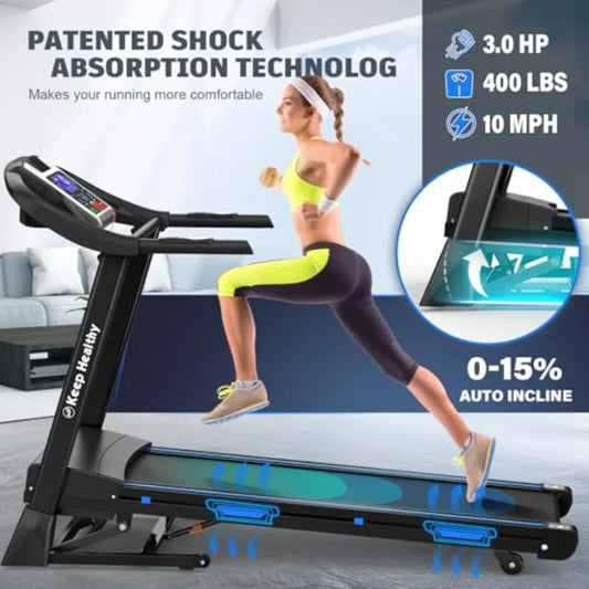 Home Fitness Solution: Quiet Brushless Folding Treadmill with Auto 15 Incline and Handle 400 Lbs Weight Capacity Integrated App