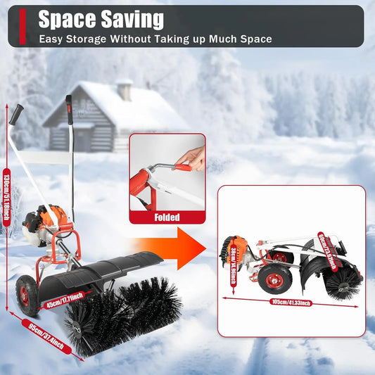 52cc Gas Power Handheld Snow Broom Brush Cleaner, 2.5 HP w/Auxiliary Wheels, Outdoor Hand Held Push Broom Driveway, Customized