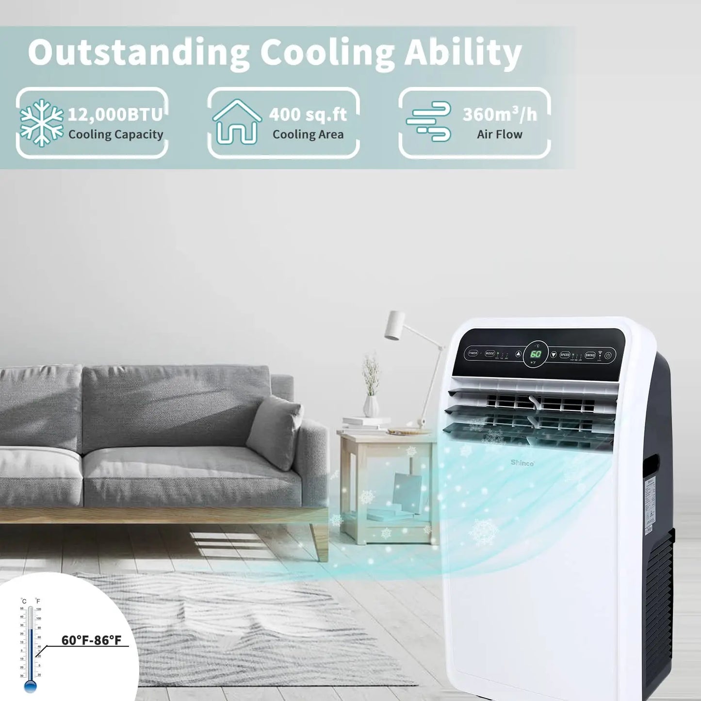 Shinco 12,000 BTU Smart Wi-Fi Portable Air Conditioner, Portable AC Unit with Built-in Cool, Dehumidifier&Fan Modes for Room