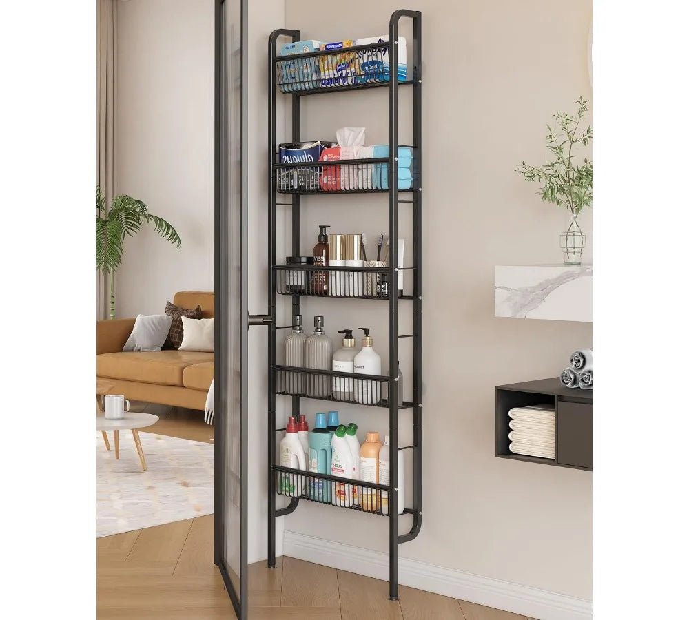 5-Tier Slim Over-The-Door Storage Shelf, Space-Saving Narrow Rack for Bathroom Kitchen Organization Black