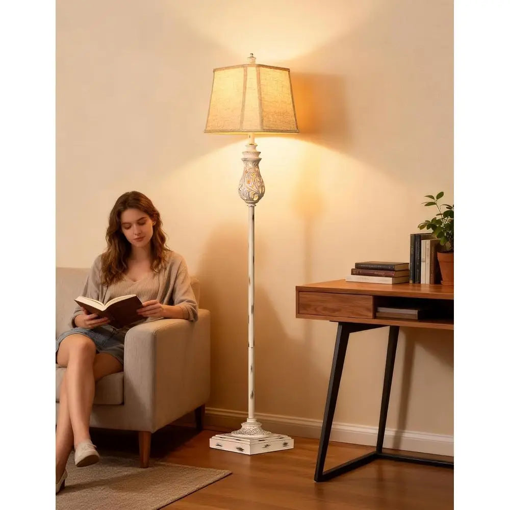 Vintage Floor Lamp with Nightlight, Rustic Tall Standing Lamp, Rotary Switch, Beige Linen Shade, Suitable for Living Room, Bedro