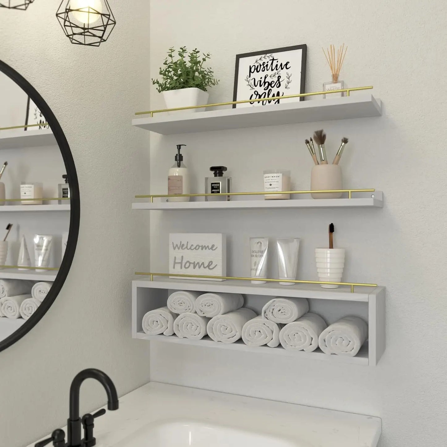 24 Inch Floating Cube Shelves with Metal Rail, Wall Storage Organizers for Bathroom Decor and Living Room