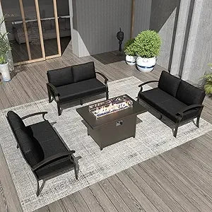 Aluminum Patio Furniture Set 6-Seat Modern Metal Outdoor Conversation Sets w/45in Propane Fire Pit Table and Loveseat Sofa, Pat