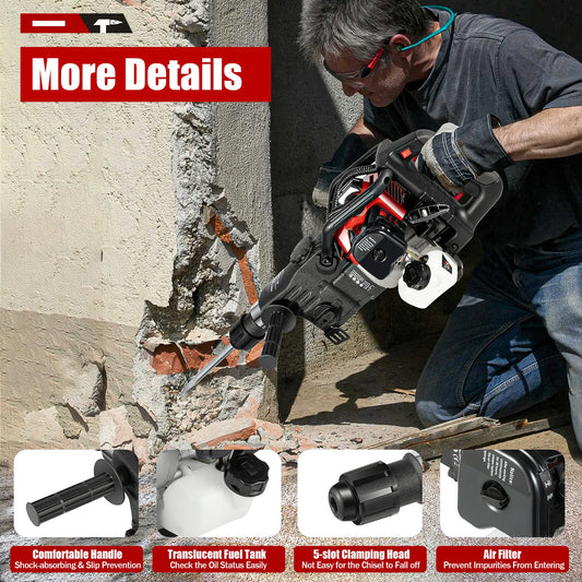 3-in-1 Gasoline Hammer Drilling Machine 32.6CC 2 Stroke Gas Powered Demolition Concrete Breaker Rock Drill 1200W w/Chisels