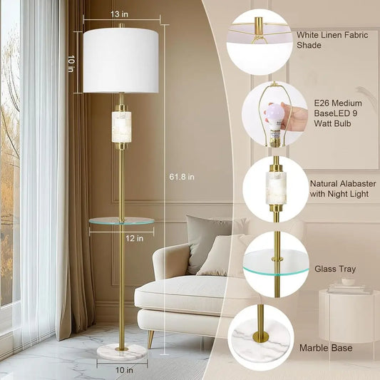 Living Room Lamp with Glass Tray and Night Light, Alabaster Bedroom Lamp, Tall Lamp with Linen Shade, Marble Base Standing Lamp