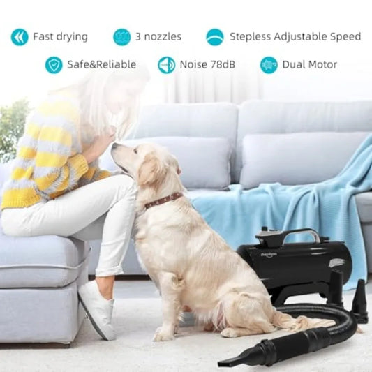 Dog Dryer High Velocity Professional Dog Pet Grooming Hair Drying Force Dryer Blower 6.0HP DHD-2400T (6.0HP Jet Black)