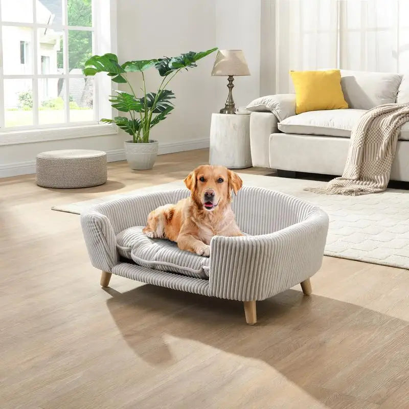 Elevated Dog Bed Frame for Small Dogs, Corduroy Pet Couch with Rubber Wood Legs and Supportive Foam, Easy Assembly, Beige