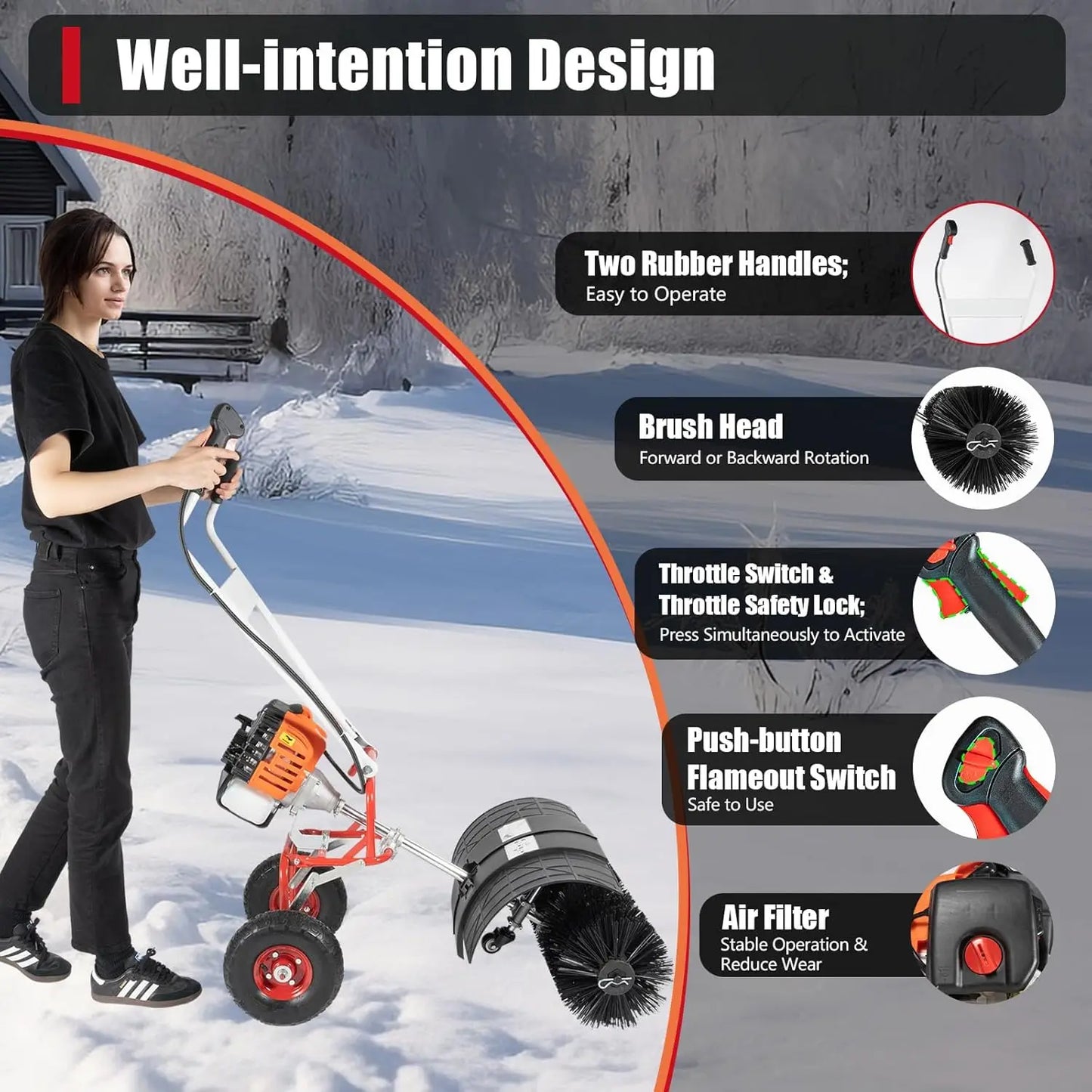 52cc Gas Power Handheld Snow Broom Brush Cleaner, 2.5 HP w/Auxiliary Wheels, Outdoor Hand Held Push Broom Driveway, Customized