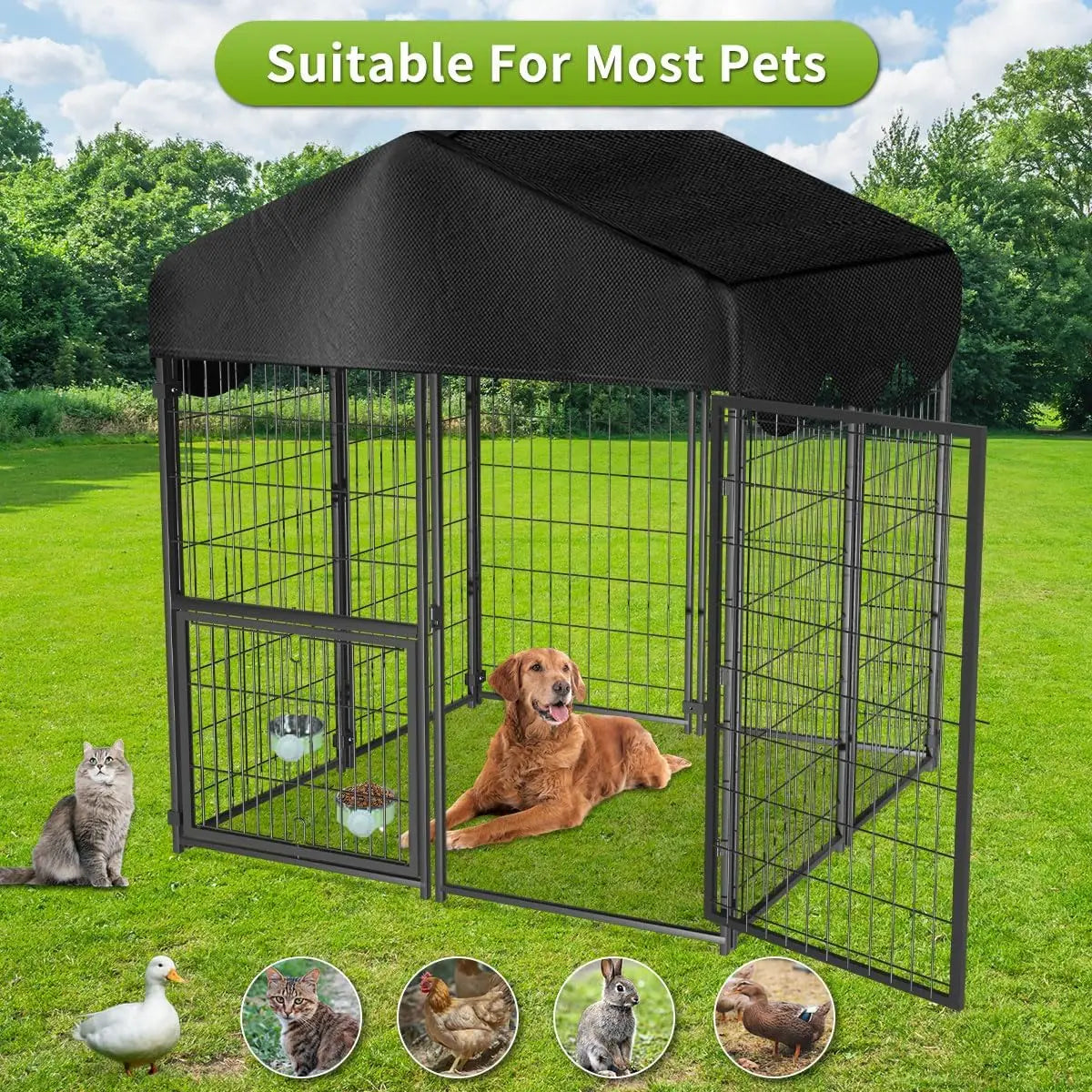 Outdoor Dog Kennel with Roof, 4x4.2x4.5FT Large Enclosure, Adjustable Feeder Door for Yard Playpen
