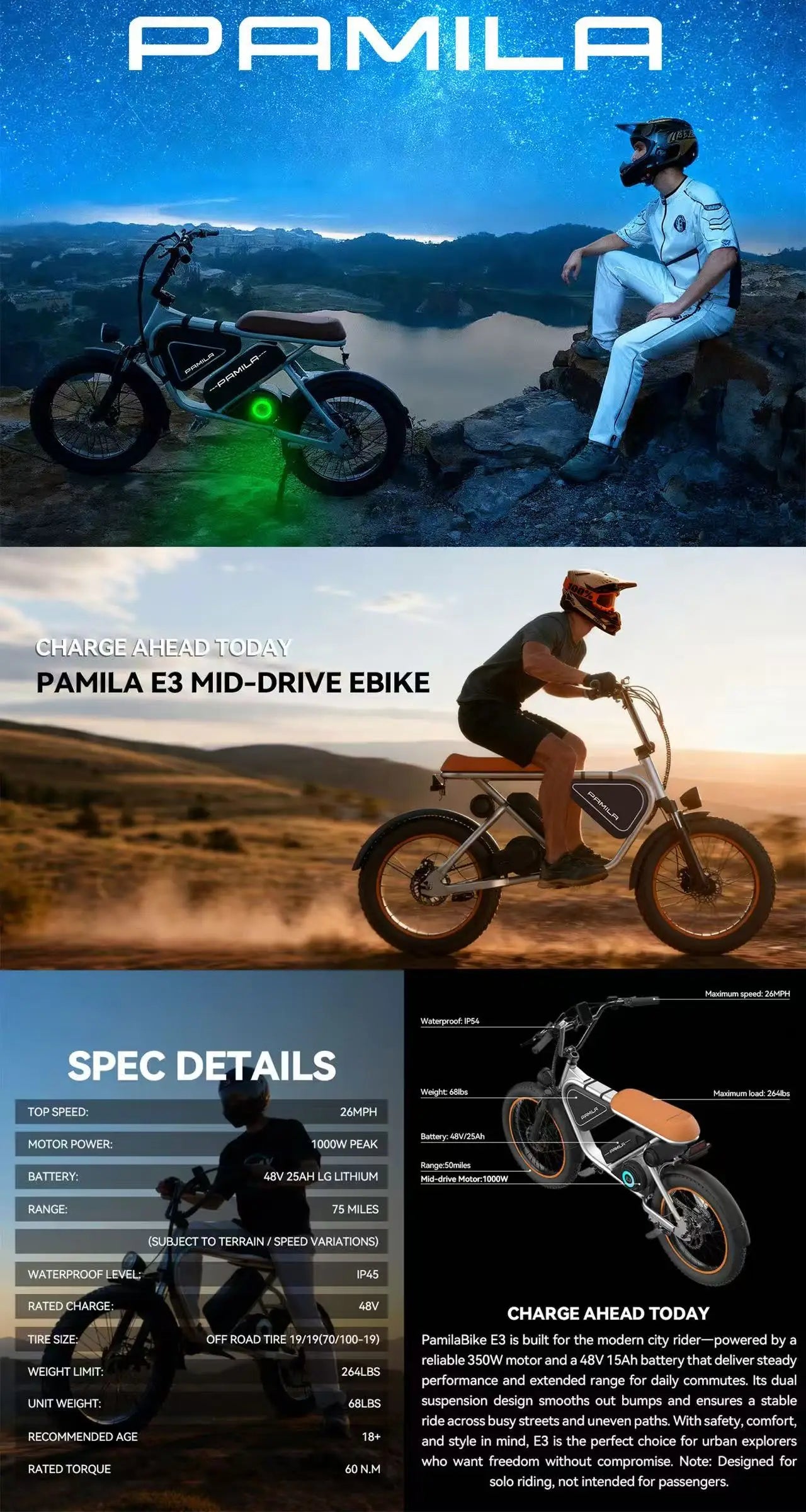 E3 Electric Bike for Adults, 1000W, 26MPH 48V 16AH Battery, Max 50-100 Miles E Motorcycle, 20*3" Fat Tire Dirt Bike, 3-Speed