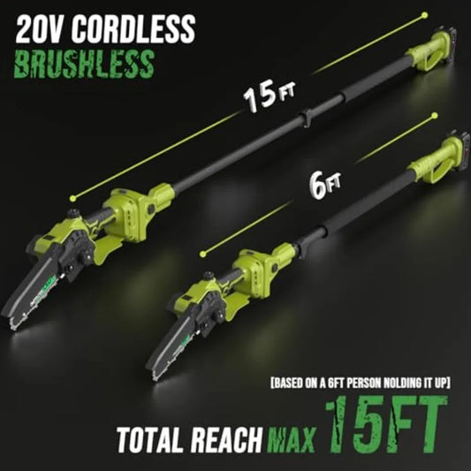 2-IN-1 Cordless Pole Saw and Mini Chainsaw Two 4.0Ah Battery Powered 6 Inch Electric Pole Chainsaw 15Ft MAX Reach Pole Saw for