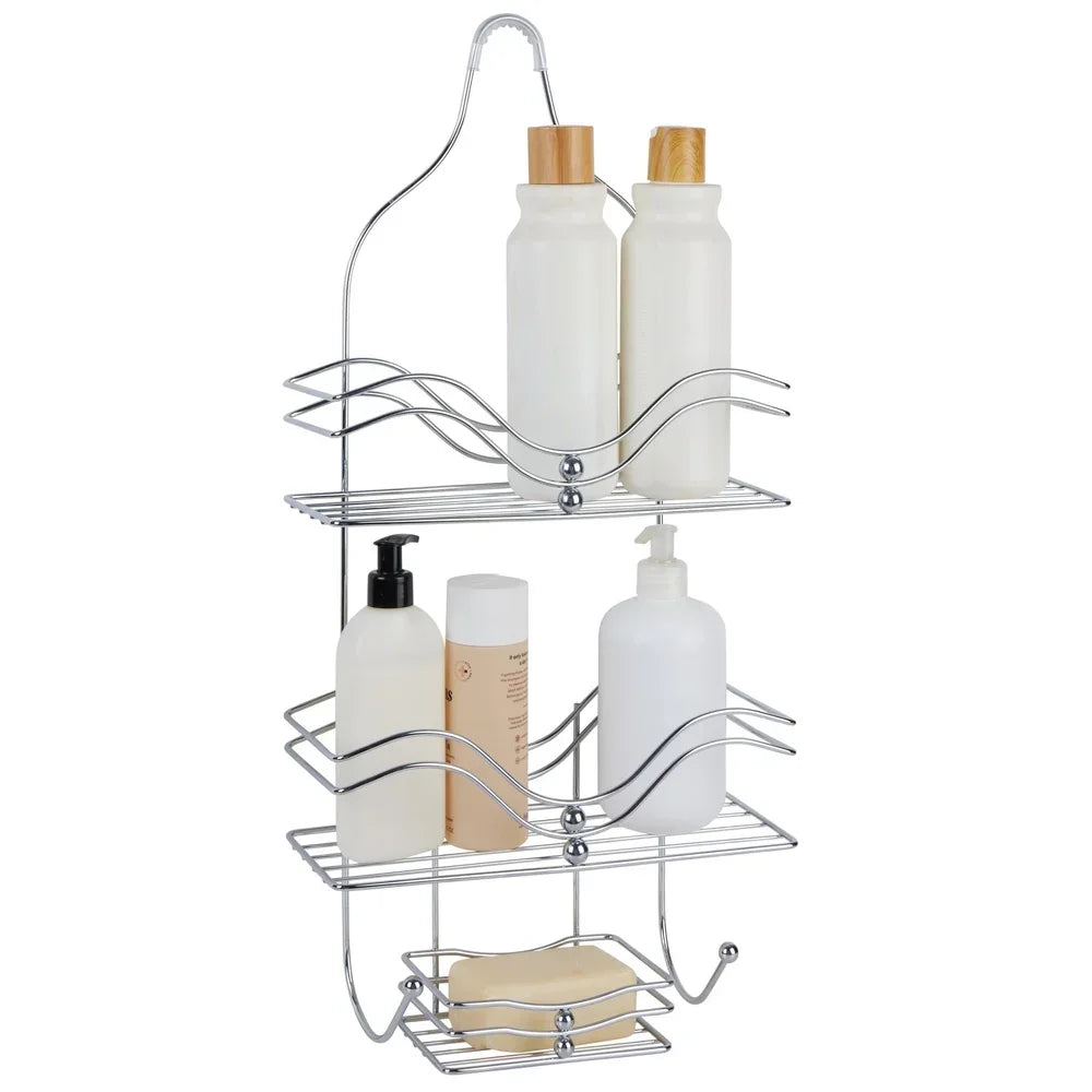 2 Tier Metal Shower Caddy with Hooks Durable Rust Resistant Chrome Finish Hanging Organizer Bathroom Storage