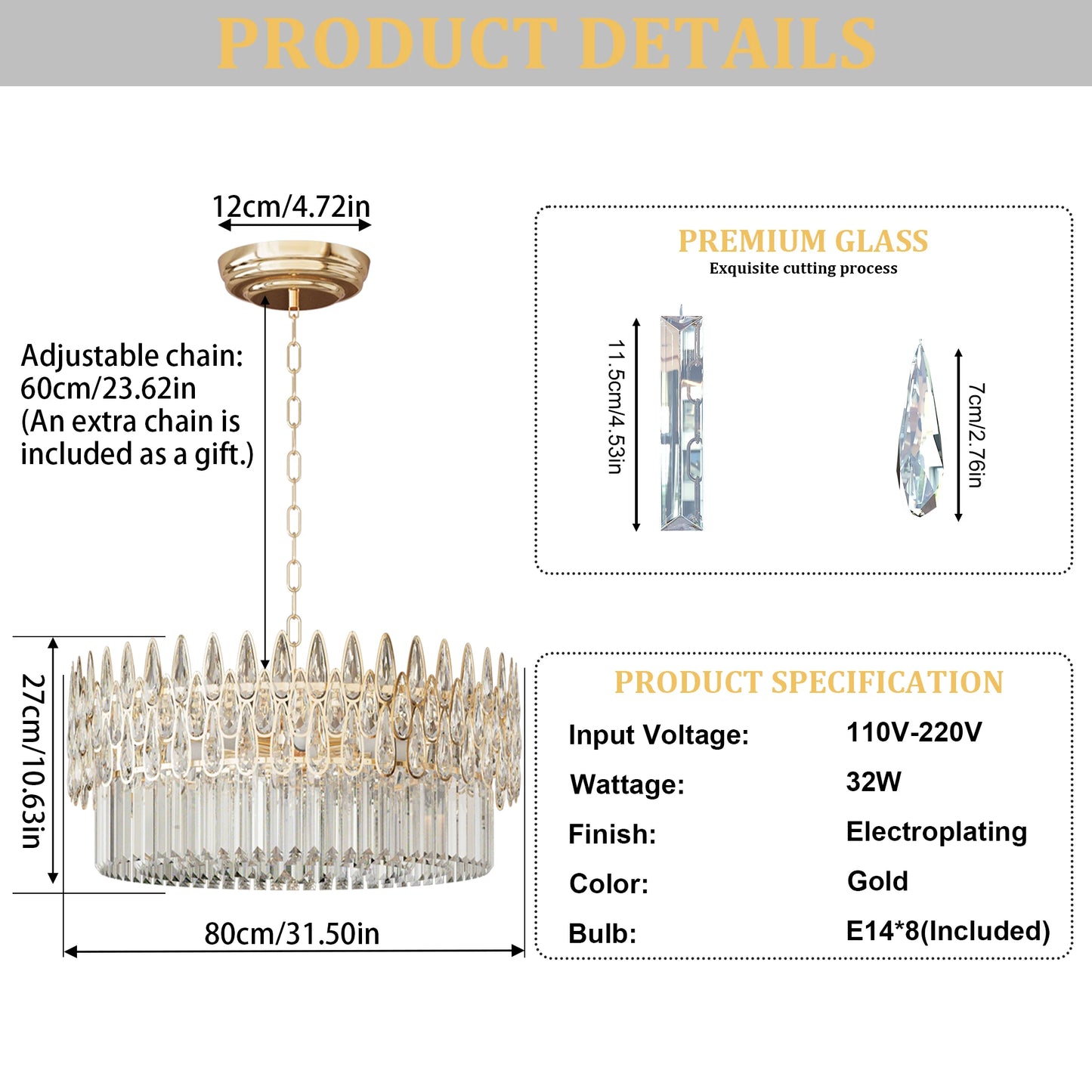 LUVODI Luxury Ceiling Pendant Lighting Decor Crystal Chandeliers Light Fixture with Three Colors Lights