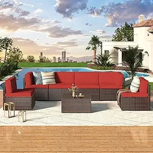 U-MAX 7 Piece Outdoor Patio Furniture Set, PE Rattan Outdoor Wicker Sectional Furniture Chair Set with Cushions and Tea Table, B