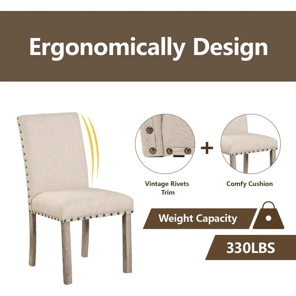 Rustic 6-Seater Dining Set | 60" Rectangular Wood Table & 6 Upholstered Chairs with Nailhead Trim