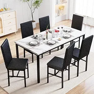 7 Piece Dining Table Set for 6 with Chairs of Velvet Foam, Faux Marble Kitchen Dining Table Set for Small Space, Living Room, A