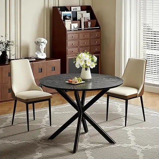 farmhouse-style 47" round dining table set for 4-6 with 4 chairs and storage rack, rustic wood design