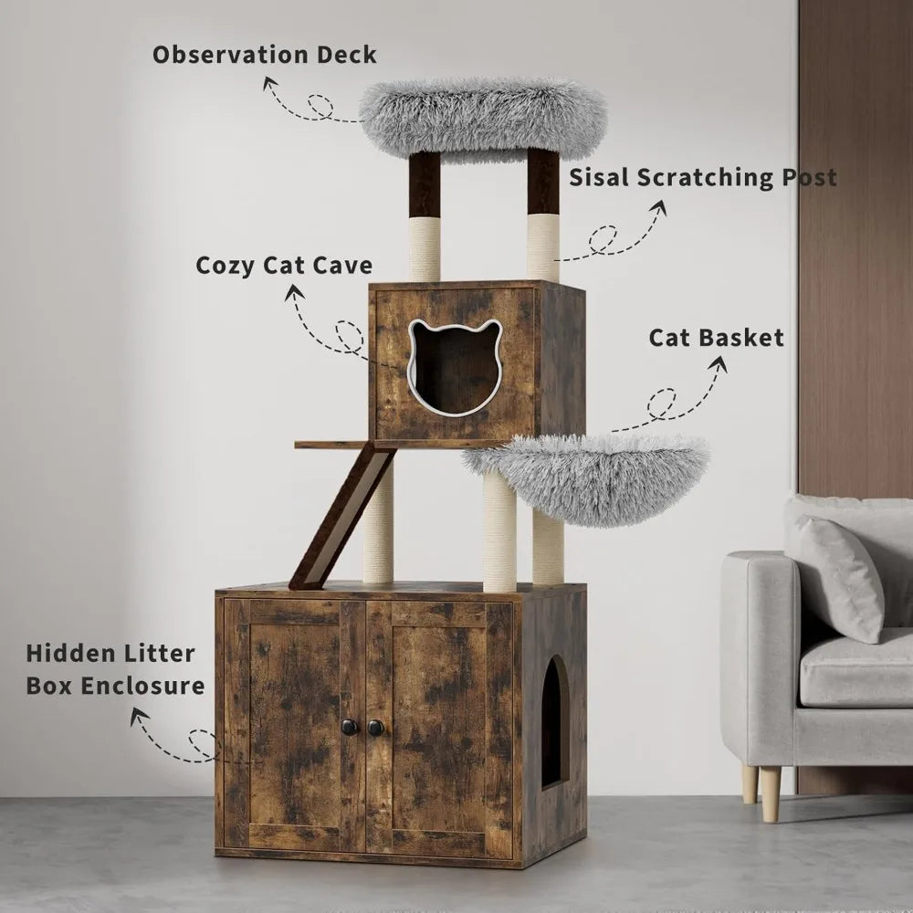 Modern 57.5-Inch Large Cat Tower with Litter Box Enclosure, Condo, Hammock, Scratching Post, and Play Area for Indoor Cats