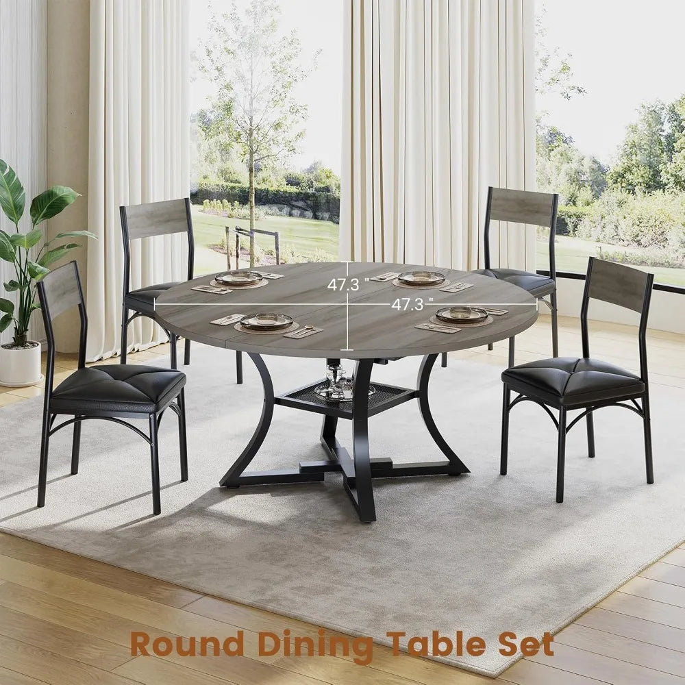 Round Extendable Dining Table Set for 4-6 People, 5-Piece Kitchen Table Set with 4 Cushion Chairs, Dining Room Table for 6