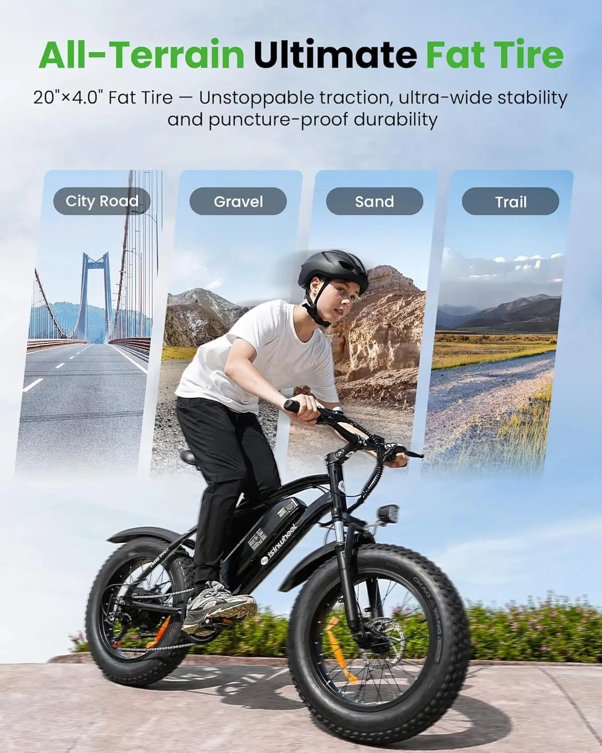 isinwheel M10 20"x4" Pro Electric Bike, 1000W Peak Motor, 22 MPH Fat Tire Ebike for Adults, Teens & Women