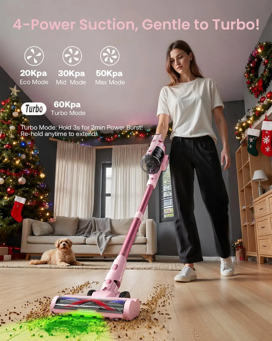 Cordless Vacuum Cleaner with 60Kpa Suction, 70min Runtime, Green LED Light for Pet Hair on Floors & Carpet