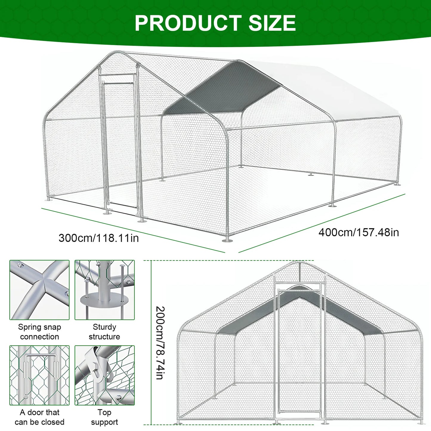 9.84x13.12x6.56FT Large Chicken Coop Lockable Walk-in Poultry Cage with Cover Spire Roof for Outdoor and Yard Farm Use