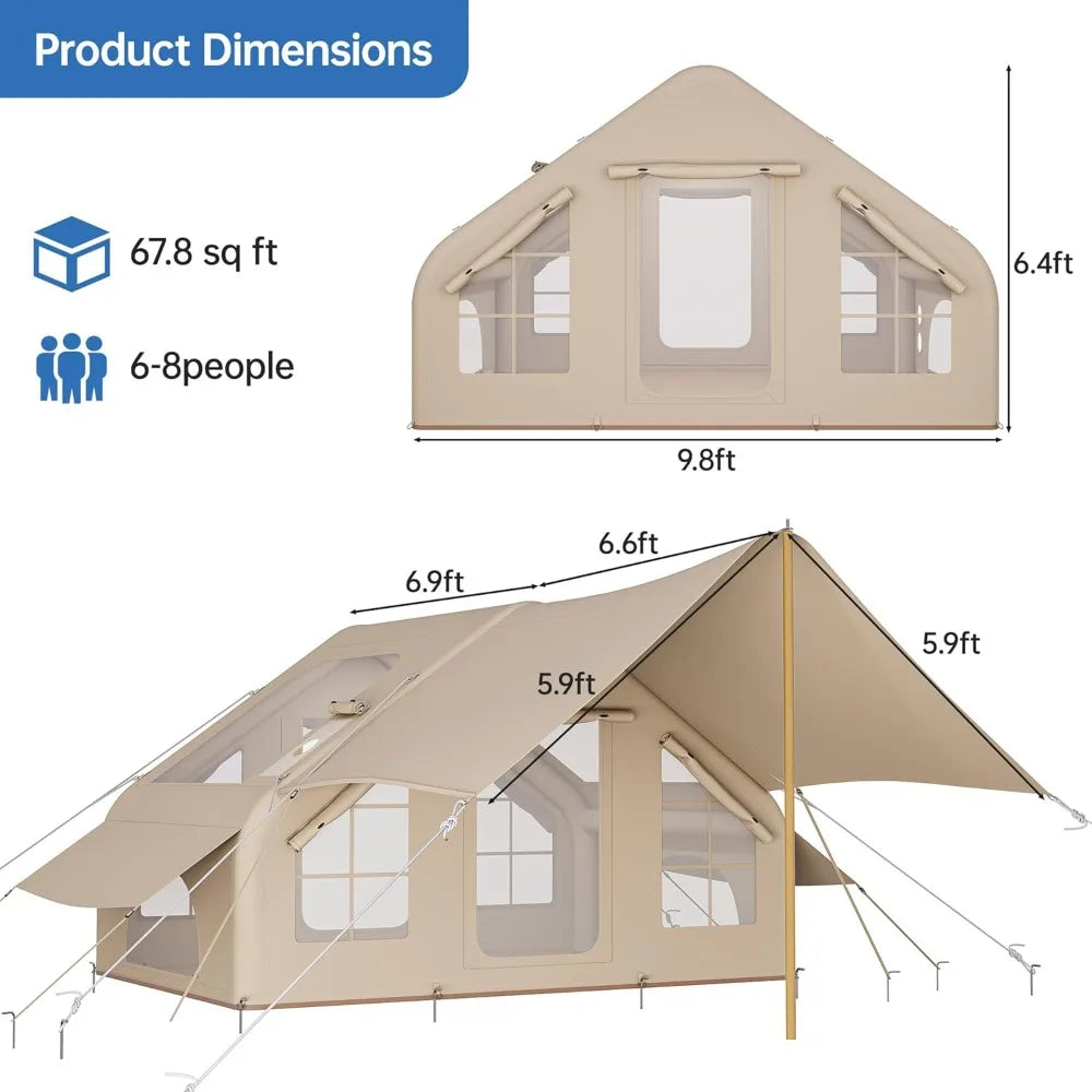 Inflatable Camping Tent with Pump & Awning,8-14 Person Air Tents for Camping Adult, Large Waterproof Oxford Family Glamping Tent