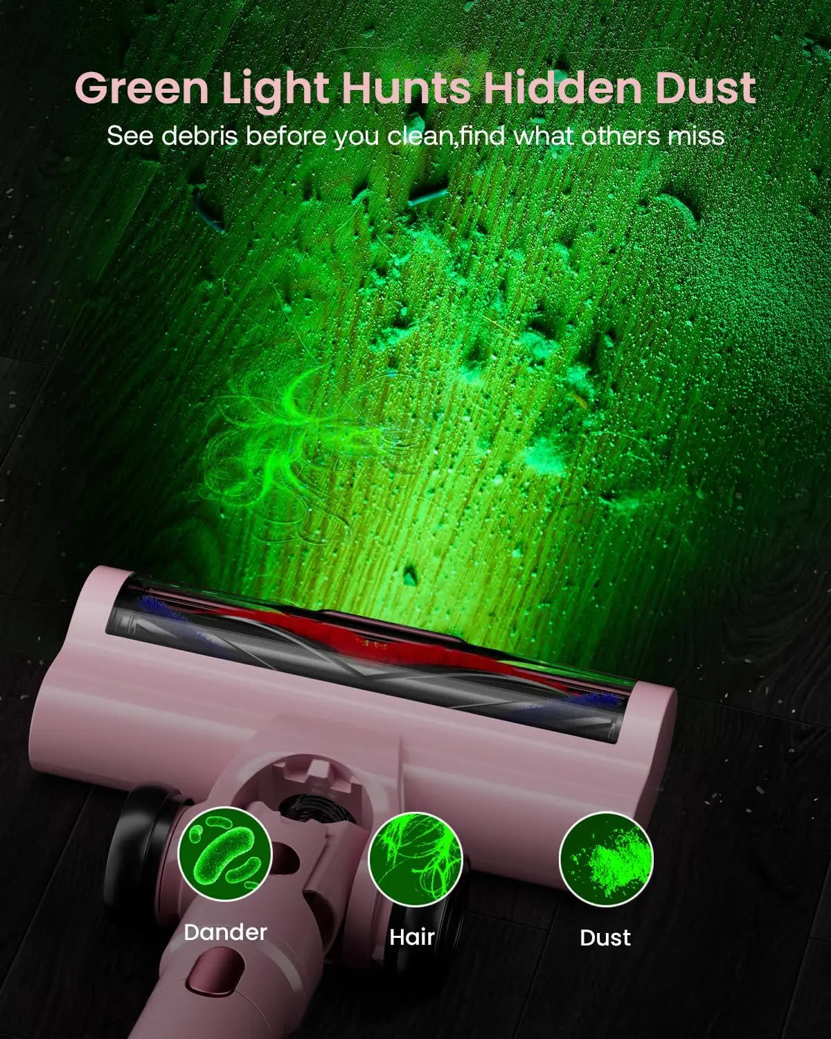 Cordless Vacuum Cleaner with 60Kpa Suction, 70min Runtime, Green LED Light for Pet Hair on Floors & Carpet