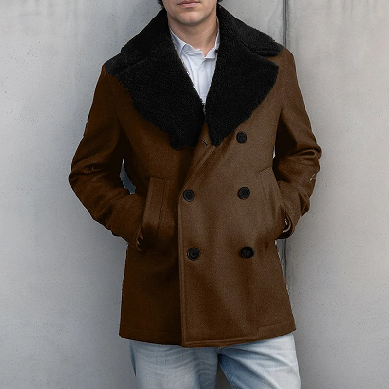 Stylish Men s Wool Pea Coat with Contrast Color Detail Double Breasted Design and Warm Long Sleeves - Perfect Winter Cardigan