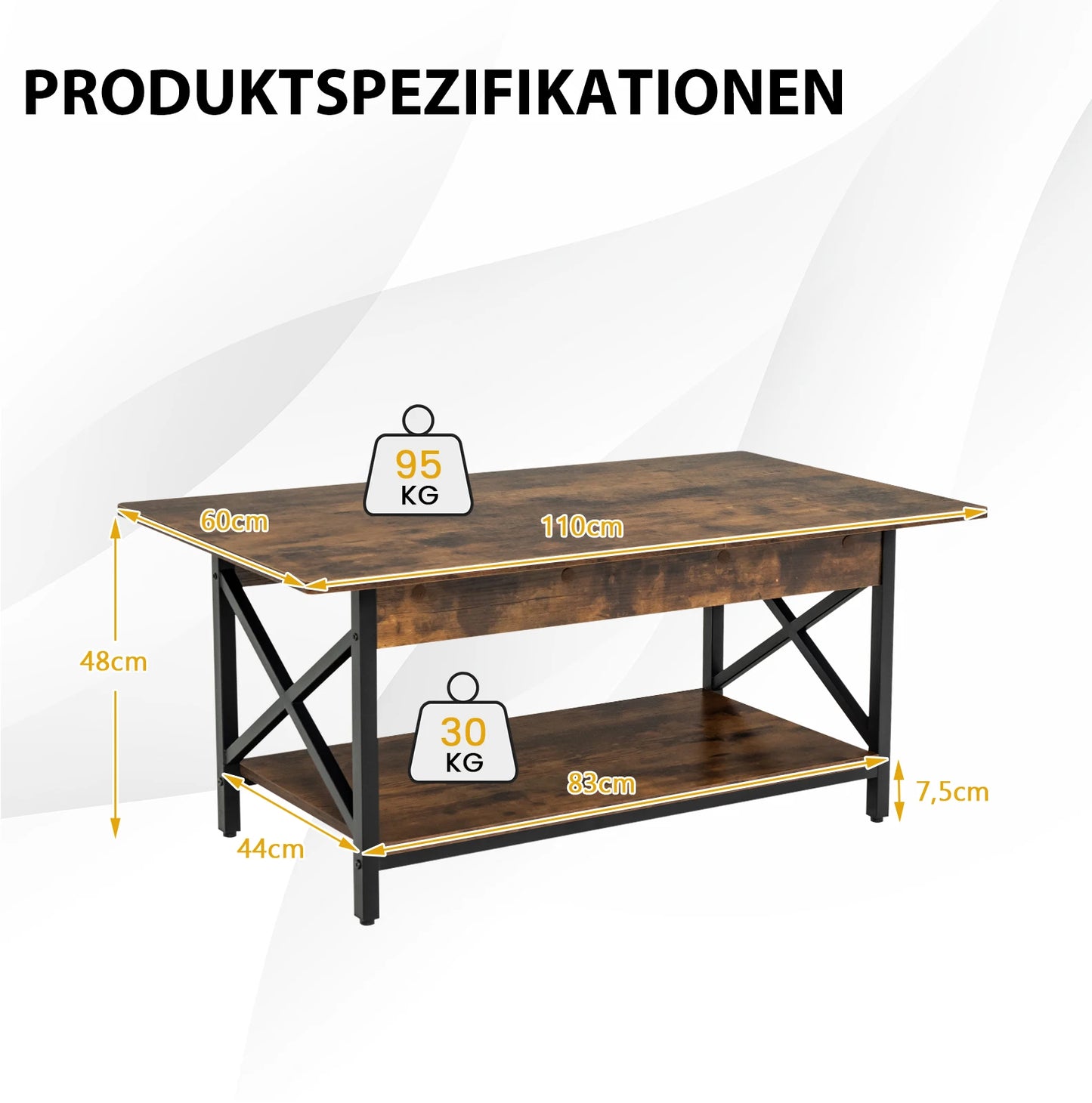 Coffee table coffee table with shelf, living room table, Sofa table for living room, 110x60x48 cm Rustic Brown