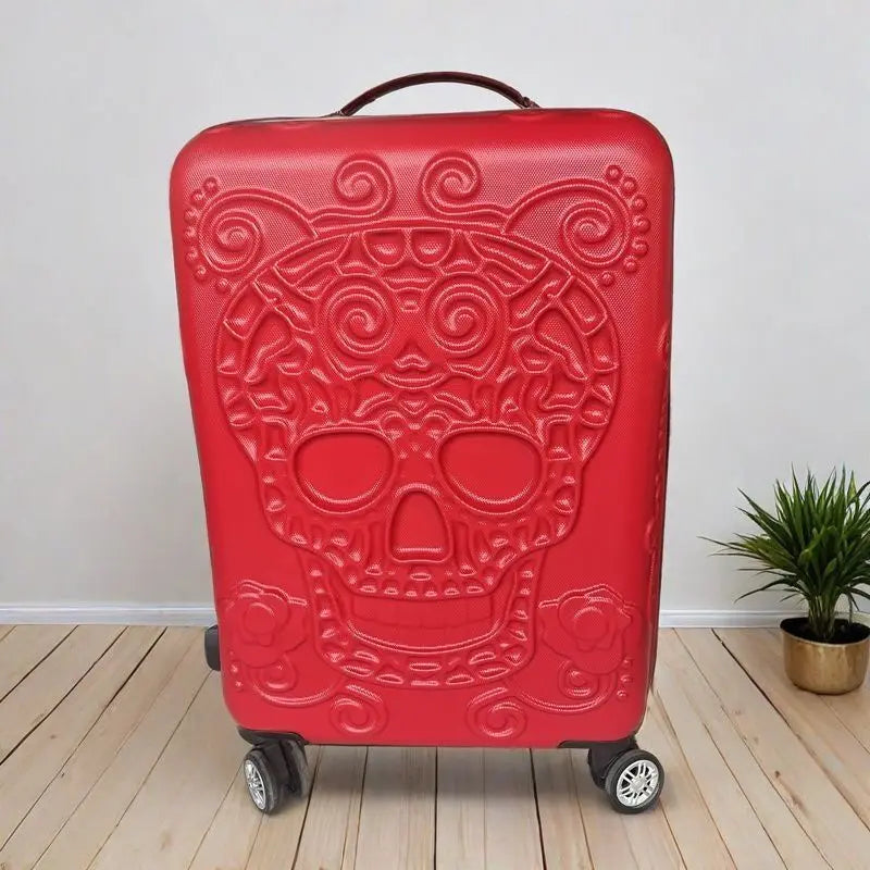 20 inc Black Skull Cabin Rolling Luggage Carry On Size Spinner Hardside Trolley Suitcase On Wheels