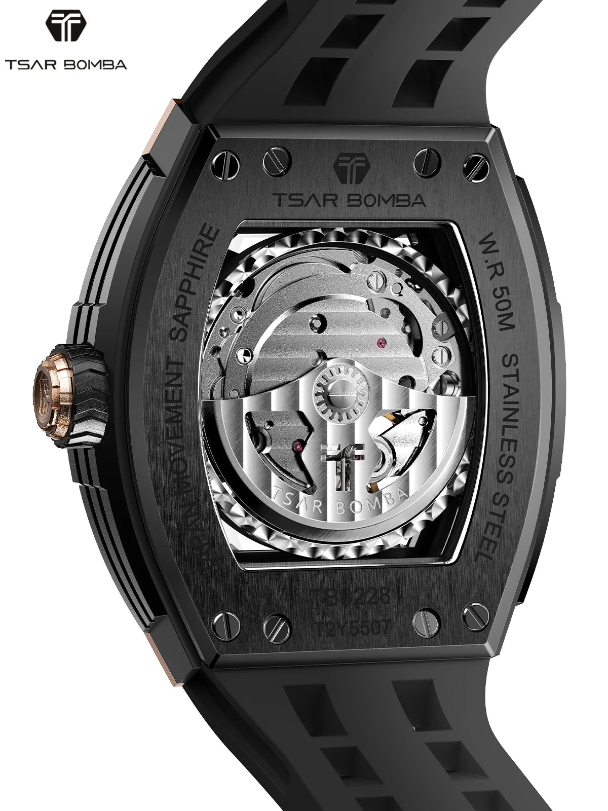 TSAR BOMBA Men Automatic Mechanical Watch Tonneau Shape Skeleton Design Stainless Steel Durable Elegant Business Style Watch